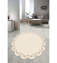 Dijital Baskılı Kaymaz Taban Yıkanabilir Yuvarlak Lazer Kesim Salon Halısı Paspas NLZR-HT-1231 (Krem)