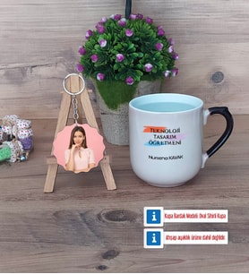 Teknoloji ve Tasarım Öğretmeni Kupa Bardak Beyaz ve Fotoğraflı Ahşap Anahtarlık Hediye (Model 10)