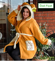 Kapşonlu Unisex Wellsoft Peluş Sabahlık (Kahverengi)