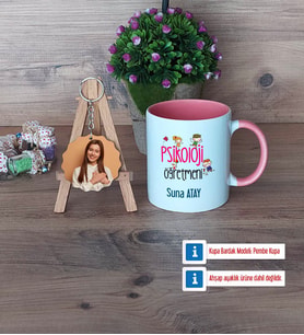 Psikoloji Öğretmeni Kupa Bardak Beyaz ve Fotoğraflı Ahşap Anahtarlık Hediye (Model 6)