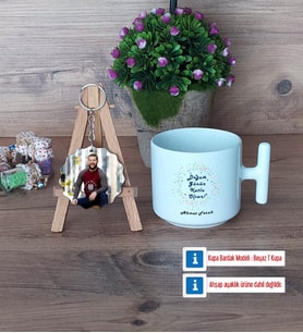 Doğum Günü Hediyesi Kupa Bardak Beyaz ve Fotoğraflı Ahşap Anahtarlık Hediye (Model 12)