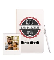 Babalara Özel Deri Defter & Metal Tükenmez Kalem + Ahşap Çerçeve Hediye (Beyaz)