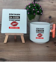 Dünyanın En Güzel Öğretmeni Hediye Seti Kupa Bardak T Kulplu ve Dekoratif Taş Öğretmenler Günü Hediyesi (Model 7)