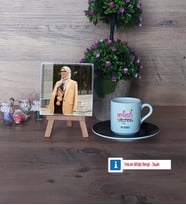 Din Kültürü Öğretmeni Fotoğraflı Dekoratif Taş, Ahşap Altlıklı Türk Kahvesi Fincanı Hediye (Model 7)