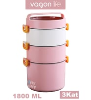 Vagonlife Lunch Box 3 Katlı Büyük Boy 1800 ML  Ofis-Okul İçin Yeni Nesil Sefer Tası-FFLBOX3KAT1800ML (Pembe)