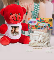 Kişiye Özel Peluş Kırmızı Ayıcık Ve Renkli Micro Blocks Lego (Beyaz)