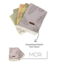 giftcrea Kişiselleştirilebilir Deri Etiketli Jakarlı Premium Peştamal Lotus Desenli Peştamal Plaj Havlusu (Mor)