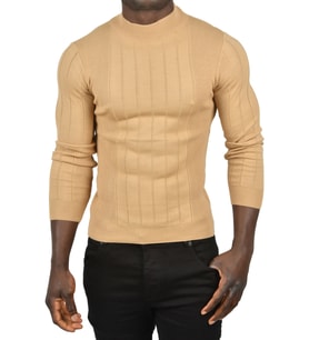 DeepSEA Erkek  Yarım Balıkçı Yaka Çizgili Tüylenmeyen Slim Fit Triko Kazak 2505491 (Camel)