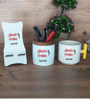Yönetici Asistanı Hediye Sepeti Kupa Bardak T Kulplu, Kalemlik ve Ahşap Telefon Standı Kişiye Özel Hediye (Model 5)