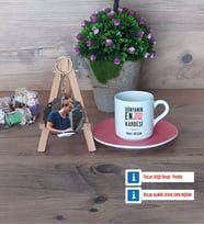 Erkek Kardeş Türk Kahvesi Fincanı Ahşap Altlıklı ve Fotoğraflı Ahşap Anahtarlık Hediye (Model 6)