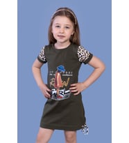 Toontoy Kız Çocuk Leopar Detaylı Baskılı Elbise (Haki)
