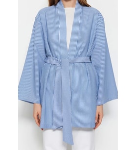 Moda Dokuma Rahat Kalıp Midi V Yaka Düşük Kol Gofre Kruvaze Çizgili Tesettür Giyim Kimono Kaftan (Mavi)