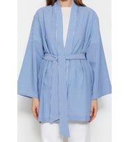 Moda Dokuma Rahat Kalıp Midi V Yaka Düşük Kol Gofre Kruvaze Çizgili Tesettür Giyim Kimono Kaftan (Mavi)