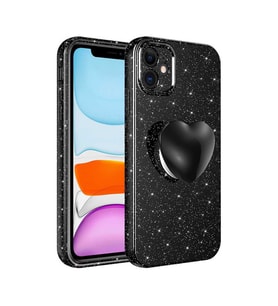 Uyumlu Model Apple iPhone 11 Kılıf Simli Pop Soketli Kalp Kapak (Siyah)