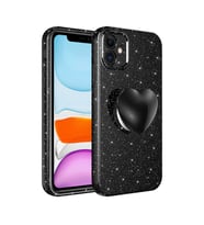 Uyumlu Model Apple iPhone 11 Kılıf Simli Pop Soketli Kalp Kapak (Siyah)