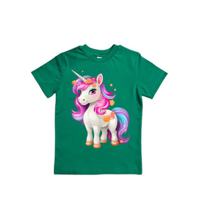 Unicorn baskılı pamuklu penye kumaş yazlık çocuk tişört (Yeşil)