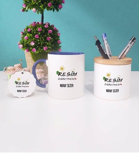 Resim Öğretmeni Kupa Bardak Kırmızı Kalemlik ve Anahtarlık (Model 2)