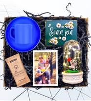 Kişiye Özel Fotoğraflı Set & Renkli Kahve Fincanı & Işıklı Mutlu Pandalı Fanus HA4 (Mavi)