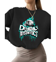 3 iplik şardonlu bisiklet yaka unisex Ölümcül estetik Baskılı kalın Bej Sweatshirt kadın Sweatshirt (Siyah)