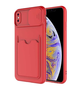 Uyumlu Model Apple iPhone X Kılıf Kartlıklı Lens Kapatmalı Kapak (Kırmızı)