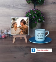 Anneye Doğum Günü Hediyesi Fotoğraflı Dekoratif Taş, Ahşap Altlıklı Türk Kahvesi Fincanı Hediye (Model 5)