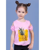 Toontoy Kız Çocuk Kolları Detaylı  Ananas Baskılı Tişört (Pembe)