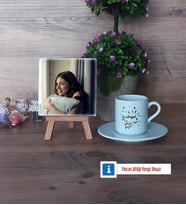 Doğum Günü Hediyesi Fotoğraflı Dekoratif Taş, Ahşap Altlıklı Türk Kahvesi Fincanı Hediye (Model 2)