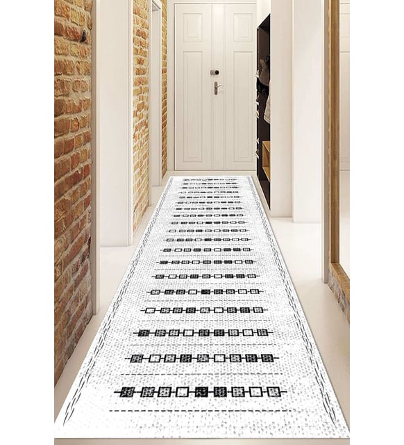 Dijital Baskılı Kaymaz Taban Yıkanabilir Modern Yolluk Ve Koridor Halısı NDU-SD-1011 (Beyaz)