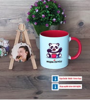 Sevimli Panda Kupa Bardak Beyaz ve Fotoğraflı Ahşap Anahtarlık Hediye (Model 2)