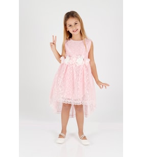 Kız Çocuk Kuyruklu Dantelli Abiye Elbise Ak2208 (Pembe)