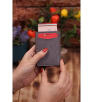 Suni Deri Unisex Mekanizmalı Vegan Deri Kartlık Cüzdan Portföy (Gri)