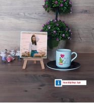 Arkadaşa Hediye Kaktüs Fotoğraflı Dekoratif Taş, Ahşap Altlıklı Türk Kahvesi Fincanı Hediye Doğum Günü Hediyesi (Model 7)