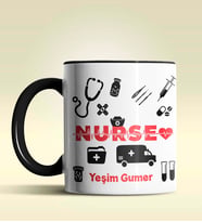 Kişiye Özel Nurse (Hemşire) 2 Tasarımlı Turuncu Kupa Bardak (Siyah)