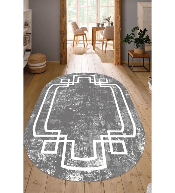 Dijital Baskılı Kaymaz Taban Yıkanabilir Oval Salon Halısı Mutfak Halısı Yolluk NDO-SD-597 (Gri)