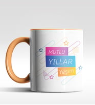 Kişiye Özel Mutlu Yıllar Yıldızlı Tasarımlı Siyah Kupa (Turuncu)