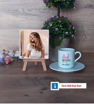 Edebiyat Öğretmeni Fotoğraflı Dekoratif Taş, Ahşap Altlıklı Türk Kahvesi Fincanı Hediye (Model 2)