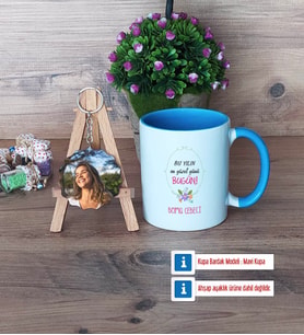 Doğum Günü Hediyesi Kupa Bardak Beyaz ve Fotoğraflı Ahşap Anahtarlık Hediye (Model 4)