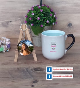 Doğum Günü Hediyesi Kupa Bardak Beyaz ve Fotoğraflı Ahşap Anahtarlık Hediye (Model 10)