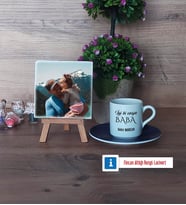 Babaya Hediye Fotoğraflı Dekoratif Taş, Ahşap Altlıklı Türk Kahvesi Fincanı Hediye (Model 4)