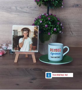 Rehber Öğretmen Fotoğraflı Dekoratif Taş, Ahşap Altlıklı Türk Kahvesi Fincanı Hediye (Model 9)