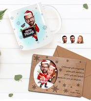 BK Gift Kişiye Özel Mutlu Yıllar Karikatürlü Kupa Bardak ve Retro Ahşap Yılbaşı Tebrik Kartı Hediye Seti-5 (Mavi)