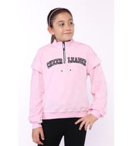Toontoy Kız Çocuk Fermuar Detaylı Nakışlı Kadife Sweatshirt (Pembe)