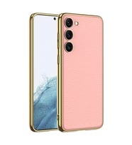 Galaxy S23 Kılıf Deri Görünümlü Kenarları Elektroplating Kaplama Zore Fizyon Kılıf (Pembe)