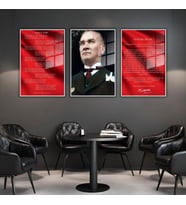 3'lü Metal Çerçeveli Cam Tablo Seti Mavi Gözlü Atatürk İstiklal Marşı ve Gençliğe Hitabe (Gümüş)