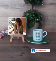 Teyzeye Hediye Fotoğraflı Dekoratif Taş, Ahşap Altlıklı Türk Kahvesi Fincanı Hediye (Model 9)