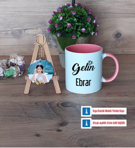 Gelin Kupa Bardak Beyaz ve Fotoğraflı Ahşap Anahtarlık Hediye (Model 6)