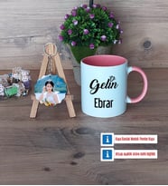 Gelin Kupa Bardak Beyaz ve Fotoğraflı Ahşap Anahtarlık Hediye (Model 6)