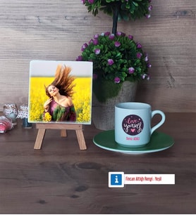 Love Yourself Fotoğraflı Dekoratif Taş, Ahşap Altlıklı Türk Kahvesi Fincanı Hediye (Model 9)