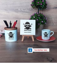 Erkek Kuaförü Hediye Seti Dekoratif Taş, Kalemlik, Ahşap Altlıklı Türk Kahvesi Fincanı Hediye (Model 8)