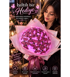LED Işıklı Kelebek Buketi Sevgiliye Özel Hediye Doğum Günü, Yıldönümü, sevgiliye, arkadaşa, anneye (Pembe)